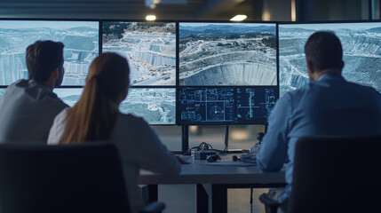 Monitoring drones aerial view, team of civil engineers analyzes data on multiple screens, showcasing their focus and collaboration in high tech environment