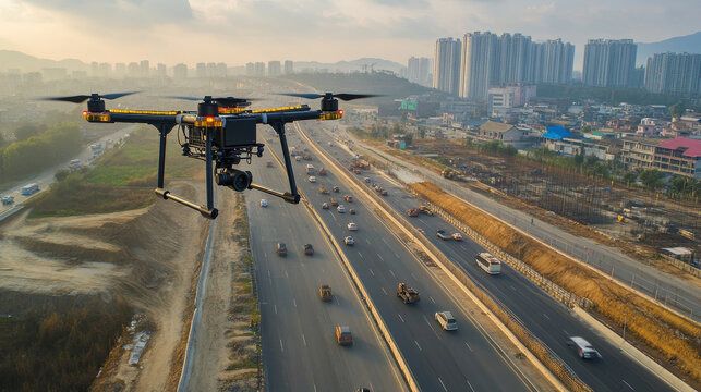A drone hovering over sprawling highway project captures dynamic urban landscape below, showcasing vehicles in motion and development of infrastructure