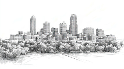 Fototapeta premium Des Moines, Iowa, black and white pen pencil hand-drawn effect drawing illustration for travel poster, card, wallpaper, backdrop or banner. Modern, clear, artistic and simple