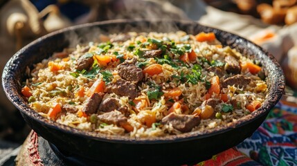 A close-up of a steaming bowl of rice with meat and vegetables.
