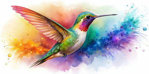 Obraz premium Watercolor elegant delicate colorful hummingbird with splashes of paint on background, isolated bird, watercolor