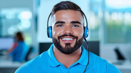 Another smiling customer service representative, headset on, engaging warmly in her work.