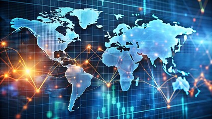 Obraz premium 世界の金融を表す、金融データオーバーレイを備えた世界地図。