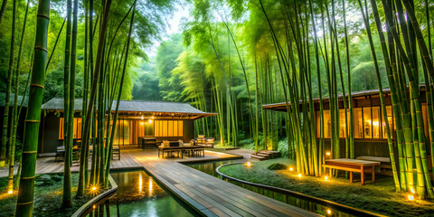 Tranquil bamboo forest hotel surrounded by lush greenery and serene atmosphere, Bamboo, Forest, Hotel, Tranquil