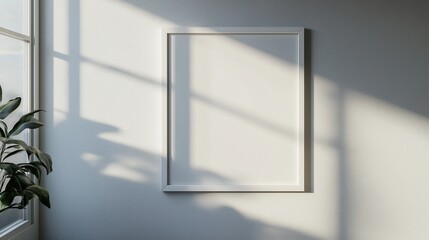 A simple white frame hanging against a pale grey wall, with diffused lighting casting delicate shadows and creating a minimalist atmosphere.