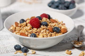 homemade granola with nuts and fresh berries, closeup