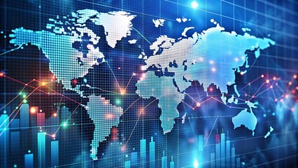 Obraz premium 世界の金融を表す、金融データオーバーレイを備えた世界地図。