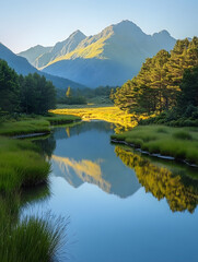 Fototapeta premium River of Reflection: Calm Stream Cutting Through the Valley