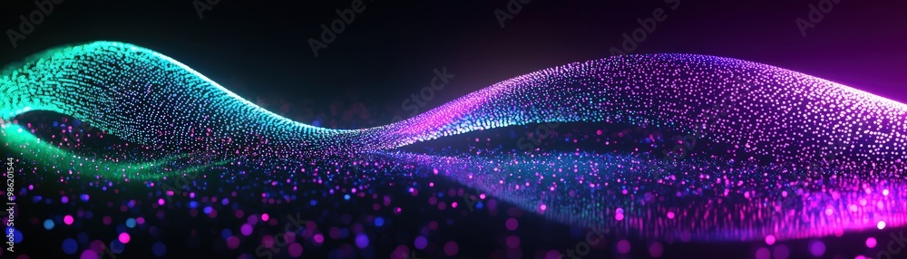 Wall mural AI-driven continuous delivery represented by colorful, abstract waves of light and particles create a dynamic, digital landscape, showcasing a blend of turquoise, purple, and pink hues.