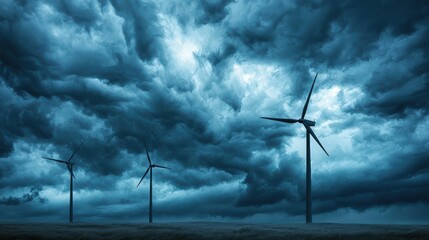 Obraz premium Three wind turbines are standing in a field with storm clouds in the sky. Scene is ominous and foreboding, as the dark clouds suggest an impending storm. The wind turbines