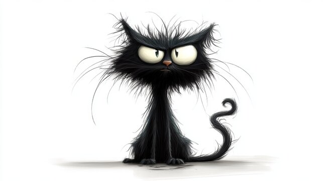 A grumpy black cat with messy fur sits on a white background, looking annoyed.