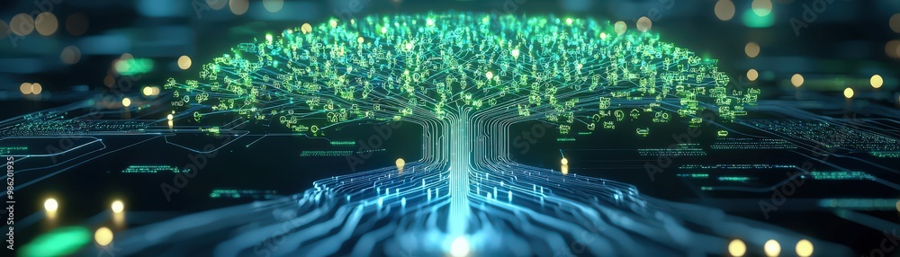 Poster codebase visualization as a glowing holographic tree, each branch representing a stage in the ci/cd 