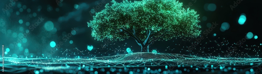 Poster codebase visualization as a glowing holographic tree, each branch representing a stage in the ci/cd 