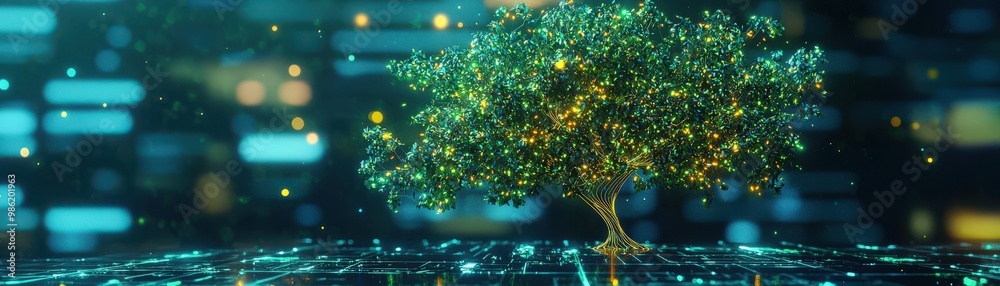 Poster codebase visualization as a glowing holographic tree, each branch representing a stage in the ci/cd 