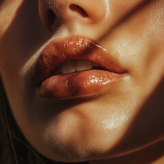 close up macro shot of a woman model's defined pretty bright lips in the sunlight during golden hour