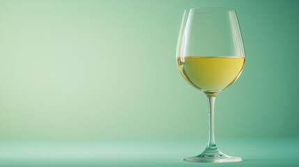 Elegant glass of white wine, standing on a pastel mint green background, with soft light reflections.