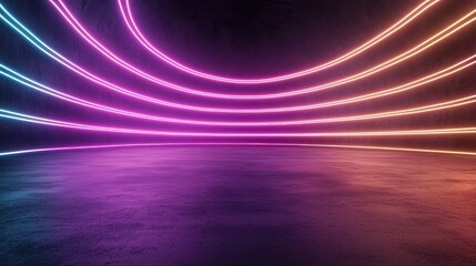 A dark room with neon lights that are in a row. The lights are in different colors and are glowing