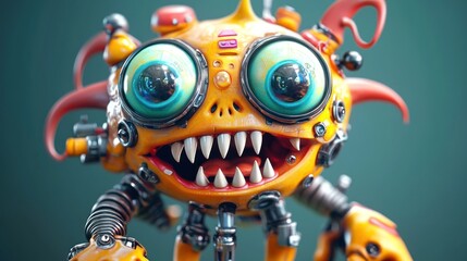 A close-up of a friendly, yellow robotic monster with large, round eyes and a toothy grin.