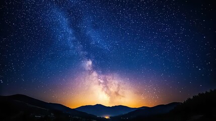 Fototapeta premium The sky is filled with stars and the sun is setting. The sky is a deep blue color with a yellowish tint