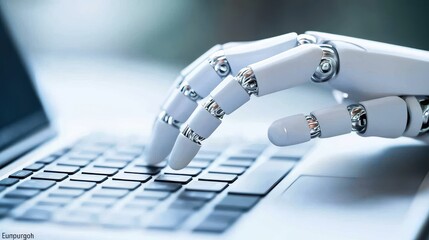 A robot is typing on a keyboard. The robot is white and has a metallic look. The keyboard is black and has a silver color