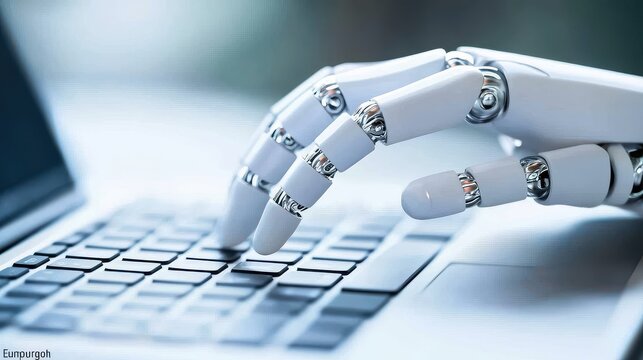 A robot is typing on a keyboard. The robot is white and has a metallic look. The keyboard is black and has a silver color