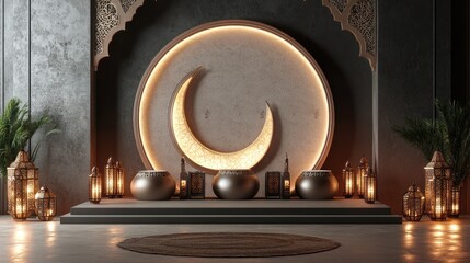 Interior design with an illuminated crescent moon on the wall,  ornate lanterns, and a brown rug on the floor.