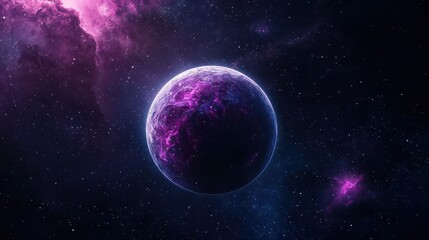A purple planet is floating in space. The sky is filled with stars and the planet is surrounded by a purple cloud