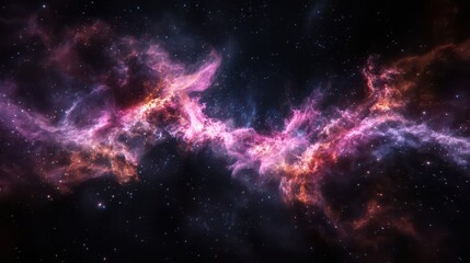 Fototapeta premium A long purple and orange cloud of gas and dust in space. The image is of a nebula, which is a cloud of gas and dust in space. The colors of the nebula are purple and orange