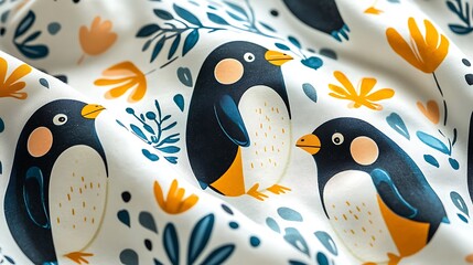 Fototapeta premium A close-up of fabric reveals a cute penguin and floral pattern, combining whimsy with elegance.