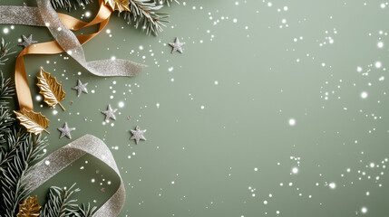 Fototapeta premium Festive decoration elements including ribbons, leaves, and stars on a soft green background, creating a holiday atmosphere