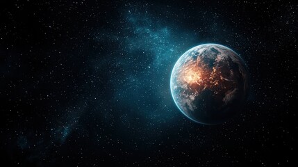 Fototapeta premium A planet in space with a blue sky and stars. The planet is surrounded by a lot of stars and the sky is dark