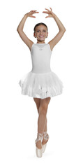 Naklejka premium Little ballerina practicing dance moves on white background