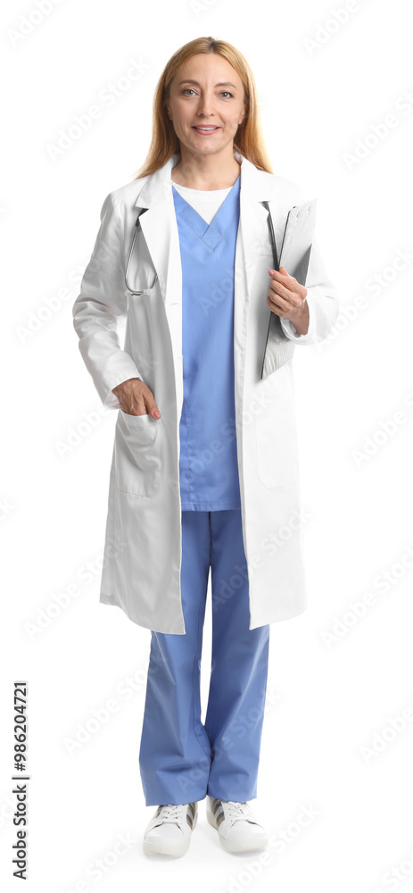 Sticker Doctor with stethoscope and clipboard on white background