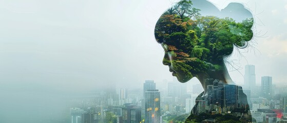 Double exposure of a woman’s profile and lush greenery merging with cityscape. Free copy space for banner.