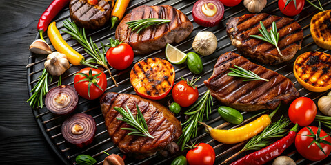 Naklejka premium Juicy grilled meat and vegetables over charcoal , BBQ, cooking, barbecue, grilling, food, summer, outdoor, delicious, smoky
