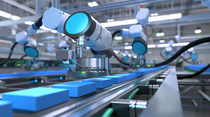 Automated robotic arms working on production line, showcasing advanced technology in modern manufacturing facility. scene highlights precision and efficiency in industrial automation