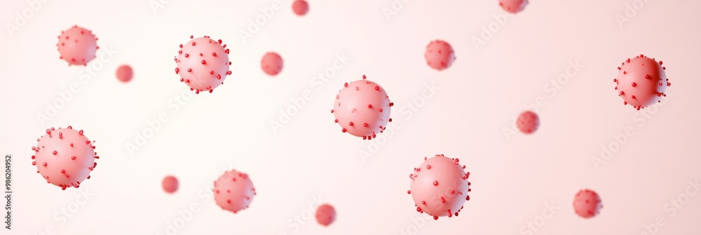 Poster pink virus particles floating in a minimalistic background, symbolizing viral infection and preventi