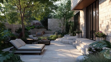 Obraz premium It offers a serene outdoor retreat with clean lines, modern furniture, and potted plants.