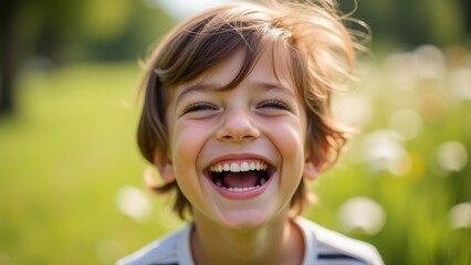 Generative AI, a young boy smiles while standing in a field of flowers and grass with his eyes closed and his hair blowing in the wind, portrait photography, a stock photo, verdadism
