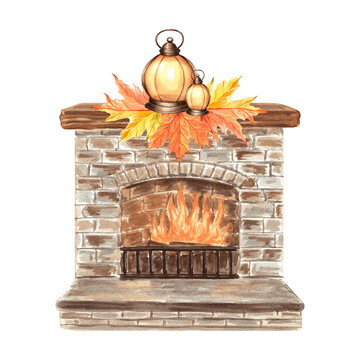 watercolor fireplace with autumn leaves and lanterns clip art preview
