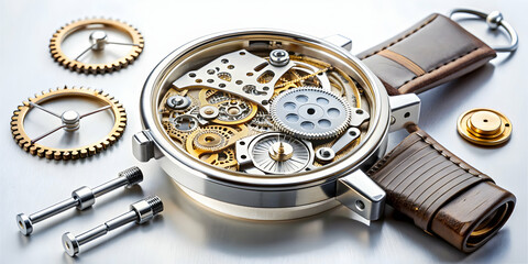 Disassembled wristwatch showing inner components, wristwatch, disassembled, parts, gears, mechanism, repair