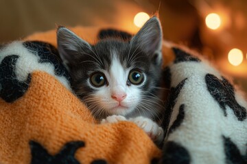A cute gray-and-white kitten peeks out from an orange and black blanket, surrounded by soft, warm tones and glowing lights.
