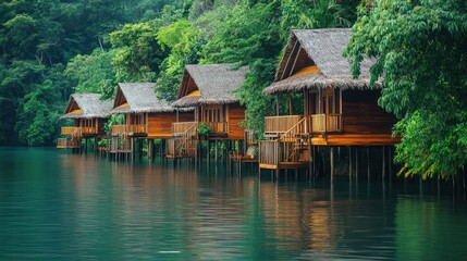 Fototapeta premium Wooden houses on stilts over calm water with lush green foliage.