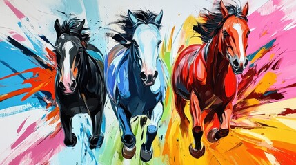 Modern painting with horses in colorful abstract style. Artistic expression of equine beauty and motion.