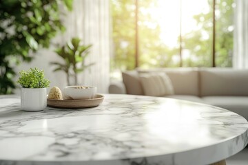 Fototapeta premium Marble tabletop with set of light meals and empty space for montage over blurred Scandinavian living room with generative ai