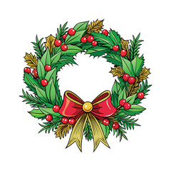 Christmas wreath with red berries and green leaves Vector art illustration isolated on a white background