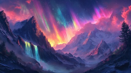 Obraz premium A beautiful mountain landscape with a waterfall and a sky full of colorful auroras. Scene is serene and peaceful, with the natural beauty of the mountains