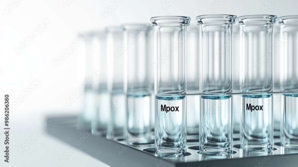 Poster Close-up view of test tubes labeled 'Mpox' in a laboratory setting. Scientific analysis related to monkeypox and virus testing.