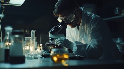 A scientist in a lab coat and safety goggles uses a microscope to examine a sample.