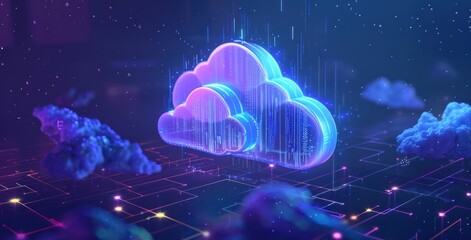 Naklejka premium Abstract digital cloud with glowing effects surrounded by vibrant colors and floating clouds in a futuristic setting